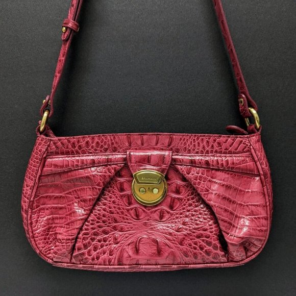 Vintage BRAHMIN Hot Pink Croc Embossed Shoulder Bag Purse Leather Fuchsia 90's - Picture 1 of 10